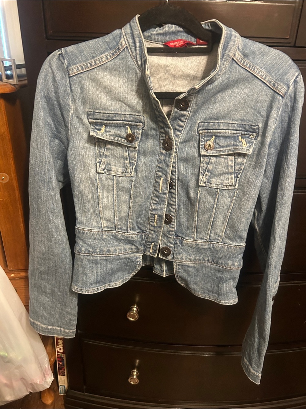 Guess Light Blue Denim Jacket with Buttoned Chest Pockets